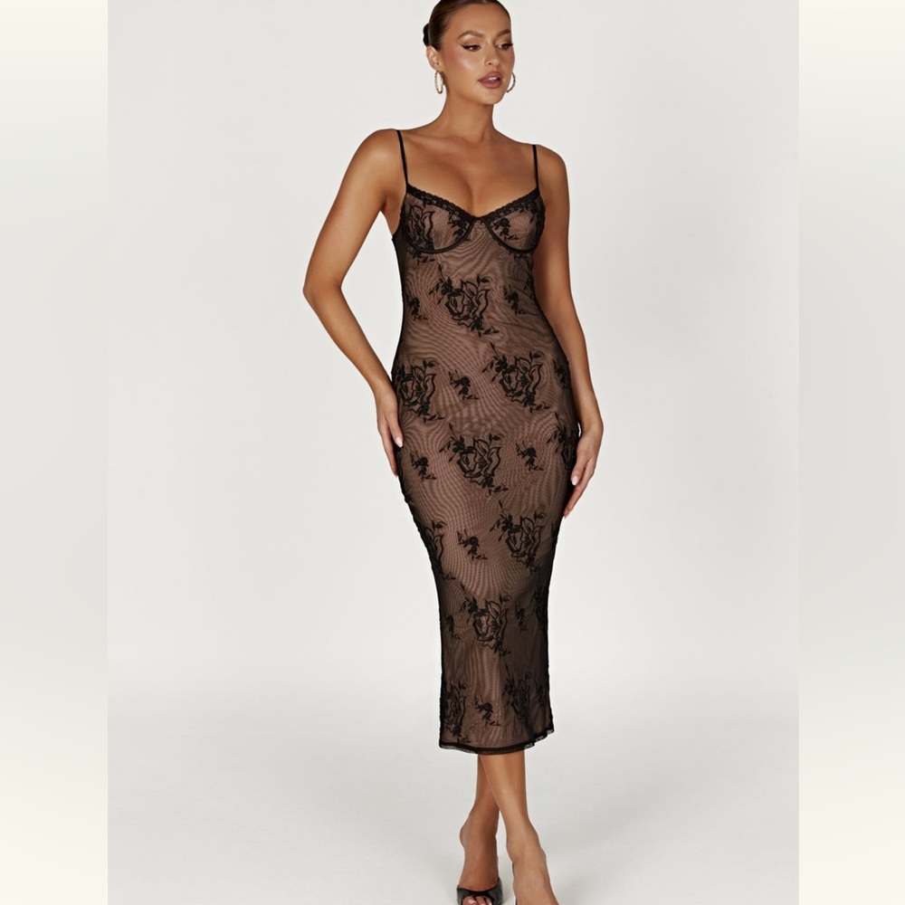 MESHKI Venice Embroidered Mesh Midi Dress SMALL